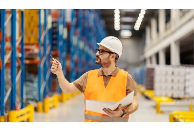 Manufacturing worker checking warehouse.