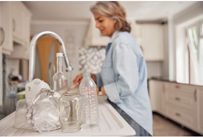 Woman rinsing out plastic bottles.