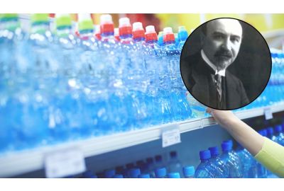 Image of plastic water bottles with Leo Baekeland's face in the corner.
