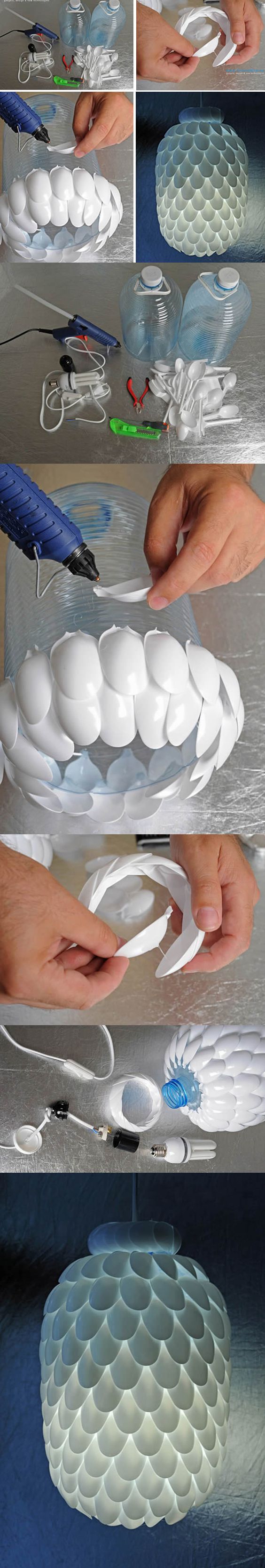 lamp shade made from plastic bottles and spoons