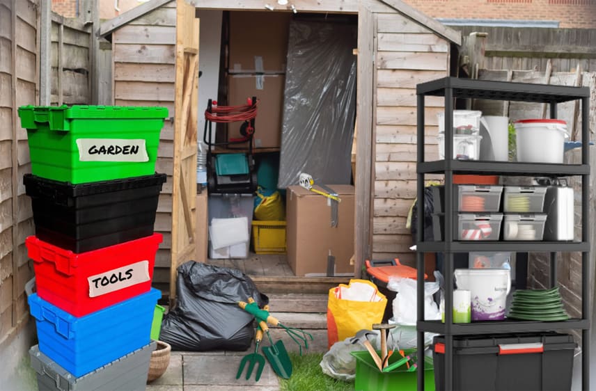 Unorganised shed showing products