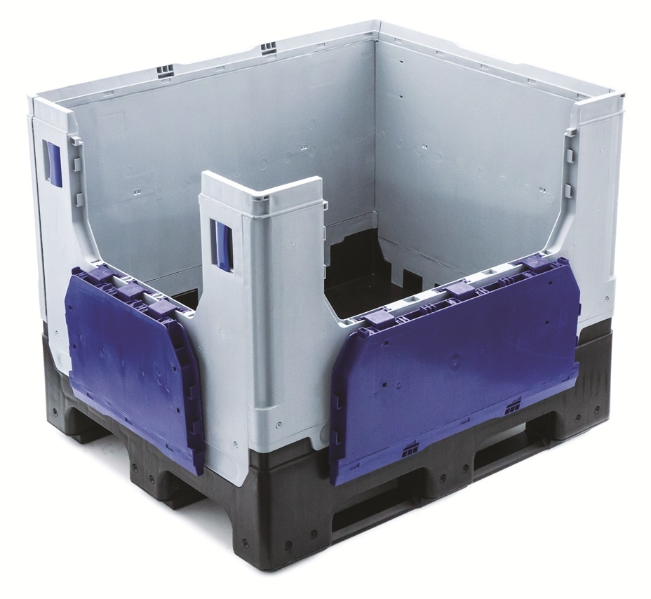 Heavy Duty 840 Litre Folding Pallet Box / Bulk Storage Container with Side Opening Flaps on 3 Skids