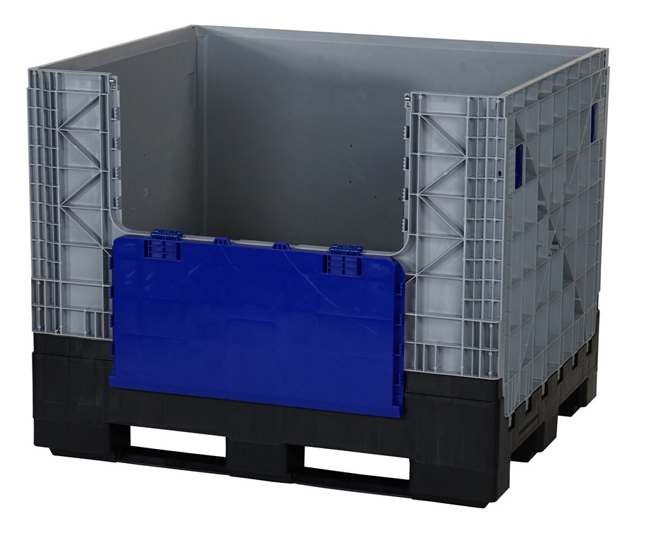 Medium Duty 840 Litre Folding Pallet Box / Bulk Storage Container with Side Opening Flap on 3 Skids