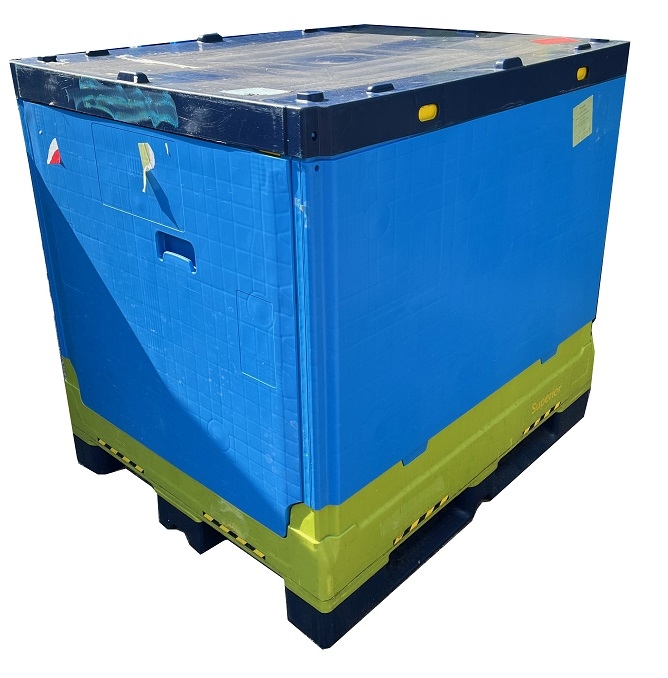 Used 1000 Litre Folding Plastic Pallet Box / Bulk Storage Container on 3 Skids with Side Access Door and Lid