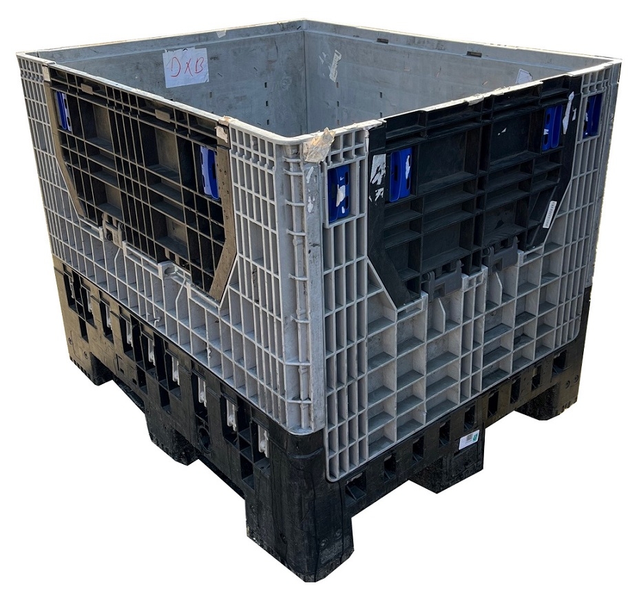 Used 800 Litre Folding Plastic Pallet Box / Bulk Storage Container on Skids with Side Access Doors