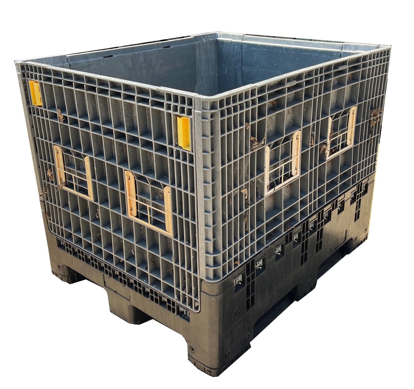 Used 800 Litre Folding Plastic Pallet Box / Bulk Storage Container on Skids with One Access Door